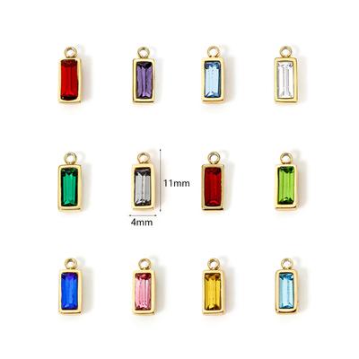 1 Piece 304 Stainless Steel Birthstone Charms 14K Gold Plated Rectangle Mini Cubic Zirconia Pendants For DIY Jewlery Making
