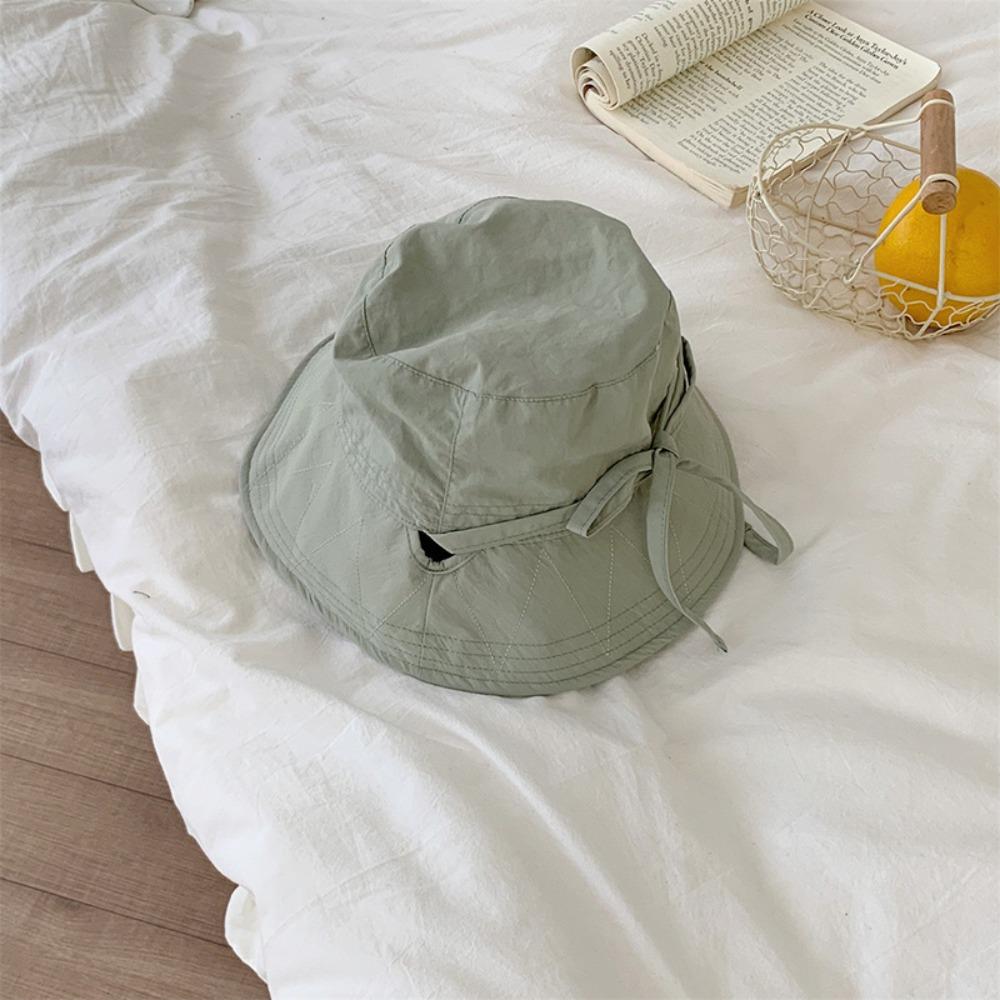 Wide Brim Bow Bucket Hat Solid Color Summer Sun Hat Simple Sunscreen Fisherman Hat  Camping