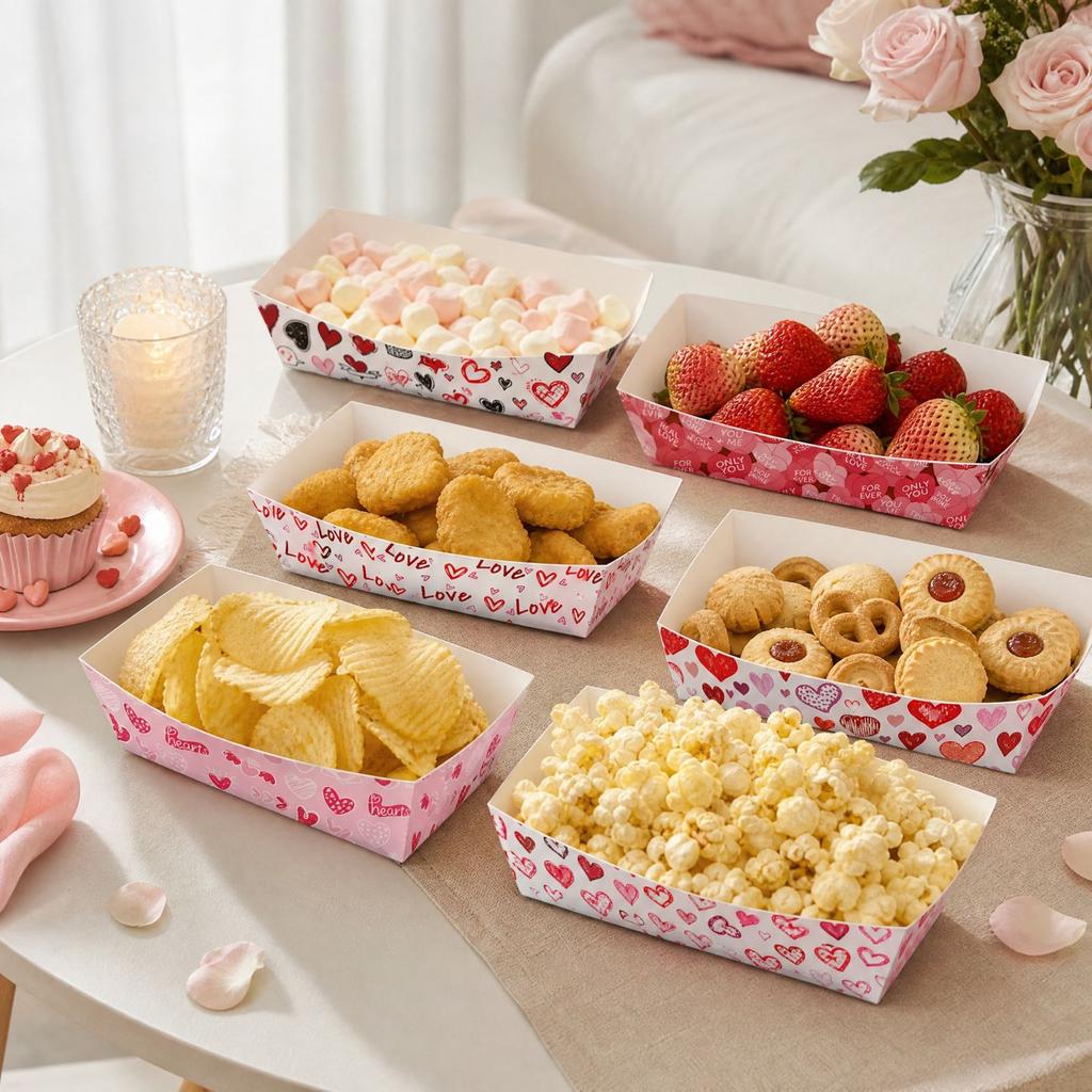 Valentine's Day Party Trays – 6 Pack Decorative Disposable Serving Trays for Snacks Candy and Desserts