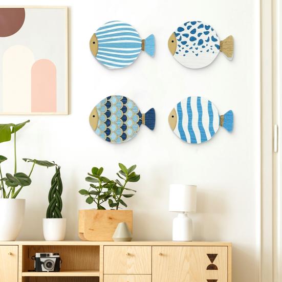 4Pcs/Set Wooden Fish Wall Decoration Farmhouse Rustic Nautical Fish Wall Art Sculpture Home Living Room Bathroom Wall Decorative Sign