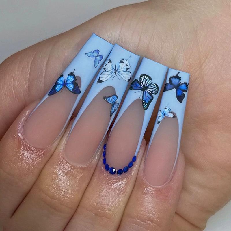 24Pcs Simple French Press On Nails Long Square Sweet Cute Fake Nails With Glitter Diamond Stick On Nail