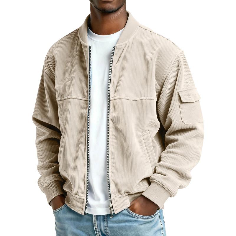 Men S Corduroy Flight Jacket Casual Stand Collar Long Sleeve Multi Pocket Solid Color