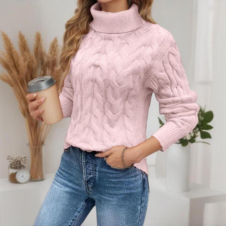 Warm Oversized Cable Knit Sweater Women Turtleneck Pullover Solid Color Thick Slim Fit Long Sleeve
