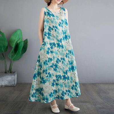 Sleeveless Plus Size Cotton Vintage Floral New In Dresses for Women Casual Loose Long Summer Dress