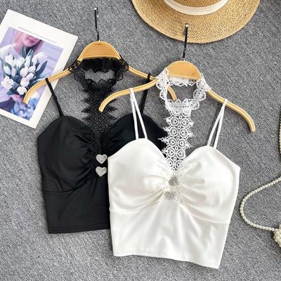 Gothic Grunge Y2k Hanging Neck Camis Women Sexy Love Diamond Lace Strap Tube Tops Aesthetic Fashion Design Streetwear Vest Party