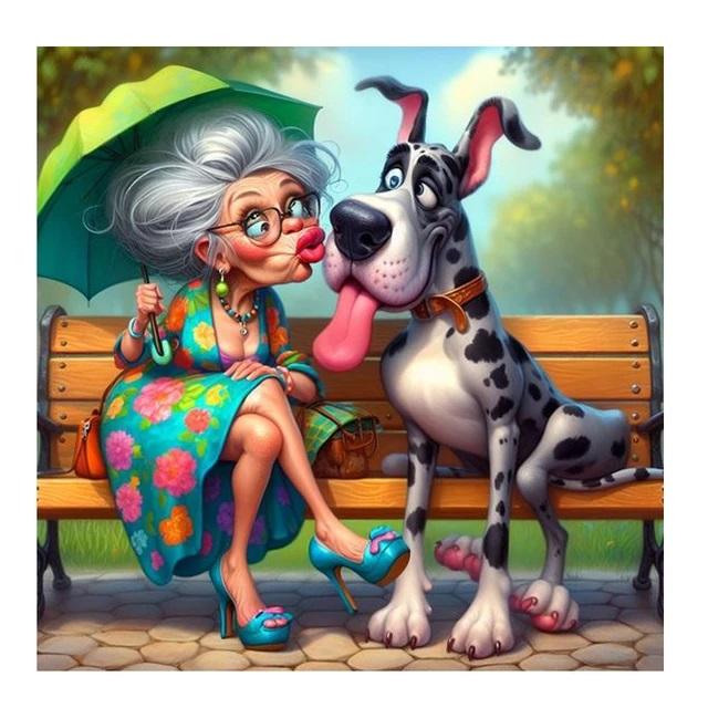 DIY Diamantmalerei Neu 2024 Glückliche alte Dame und Hund Volldiamant Mosaik Stickerei Kunst Stich Wohndekoration Bastelset Geschenk
