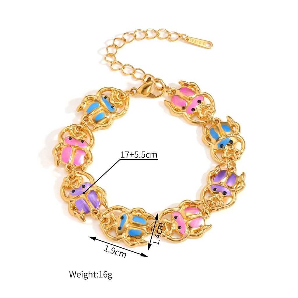 Trendy Women Multi Charms Enamel Bracelet Waterproof 18k Gold Stainless Steel Colorful Star Heart Beetle Shell Dainty Bracelets