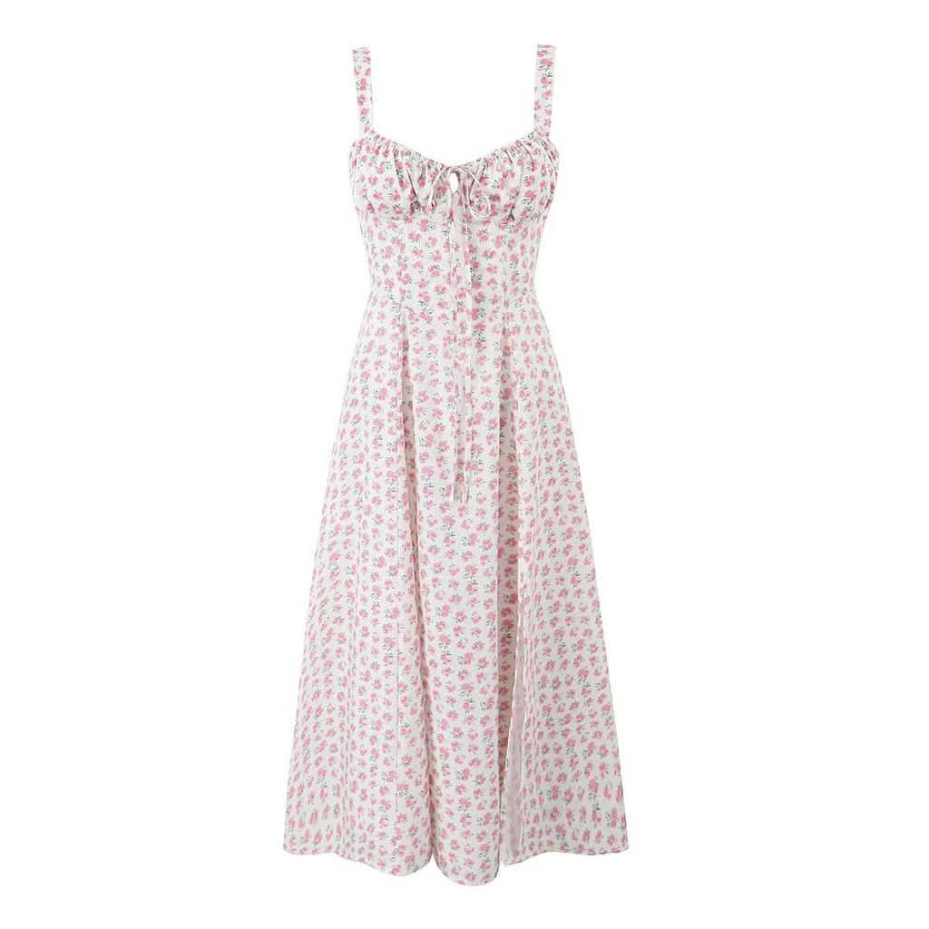 French pure desire pastoral floral drawstring strap waist split holiday suspender dress women's coffee break dress