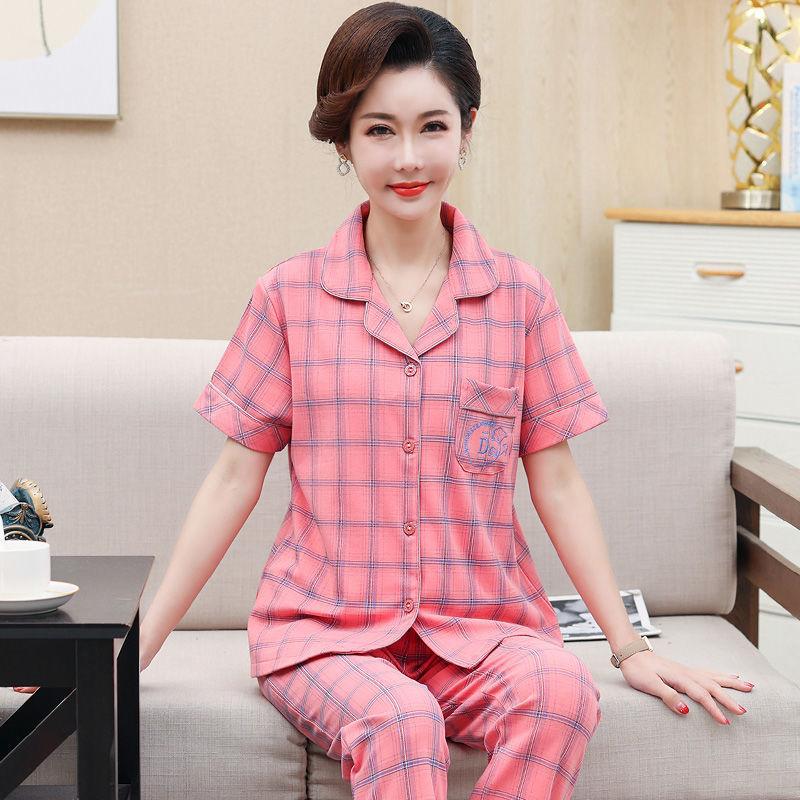 Summer cotton pajamas women's short-sleeved trousers middle-aged women's plus-size cardigan set thin loungewear