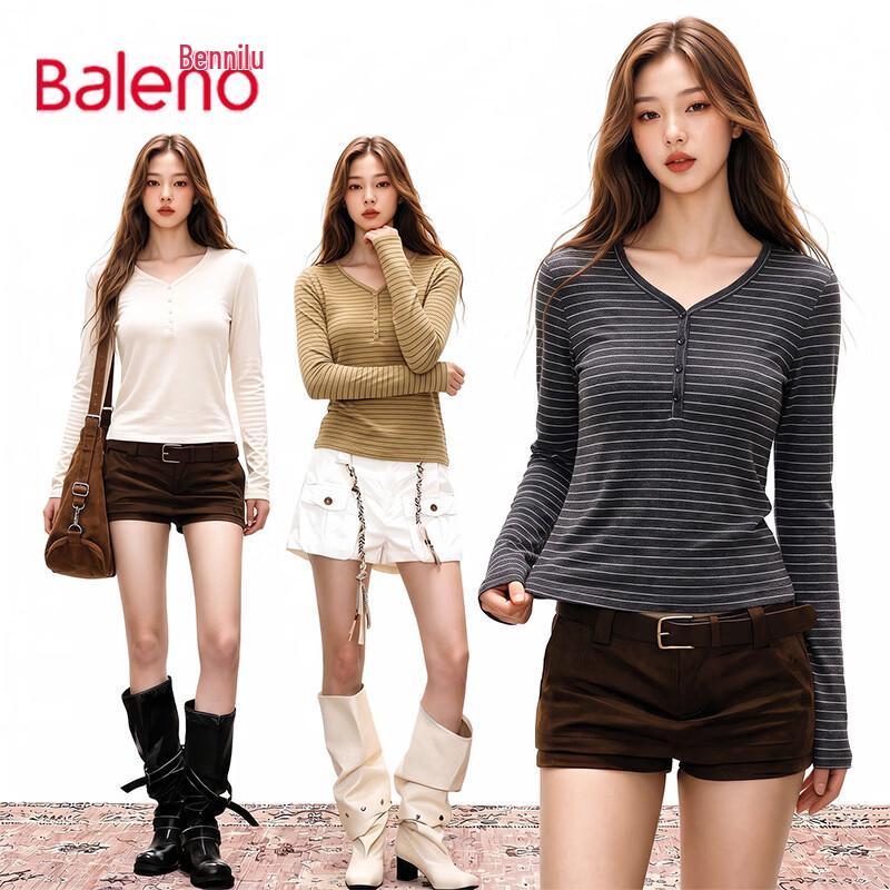 Baleno Women's Retro Striped Slim-Fit Long Sleeve V-Neck Top