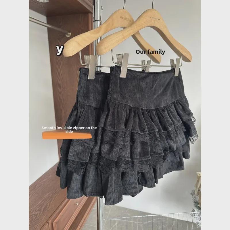 White A-Line High Waist Lace Splicing Puffy Short Skirt - Autumn & Winter Collection