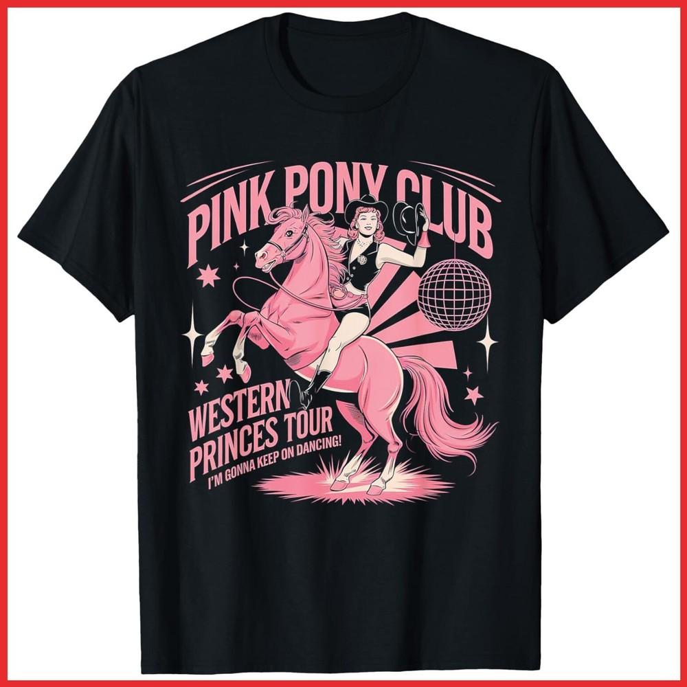 Retro Pink Girl Pony Club Disco Party Western Cowgirl Rodeo Black Cotton T-Shirt Unisex T-Shirt