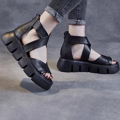 Cowhide Back Zip Wrap Heel Sandals Women's Summer Thick Sole Sandals