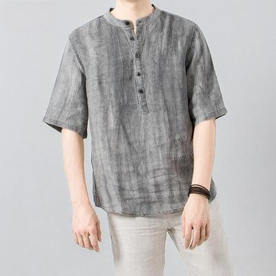 Men's Distressed Linen Half-Sleeve Shirt with Stand-Up Collar - Breathable Summer Casual Wear
