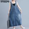 WTEMPO Women Cheap Blue Denim Dress Female V-Neck Summer Solid Casual Vintage Sleeveless Big Pockets Loose Retro Jeans Dresses