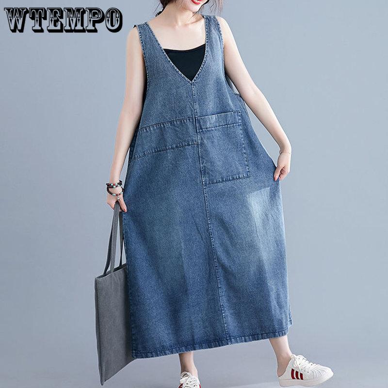WTEMPO Women Cheap Blue Denim Dress Female V-Neck Summer Solid Casual Vintage Sleeveless Big Pockets Loose Retro Jeans Dresses
