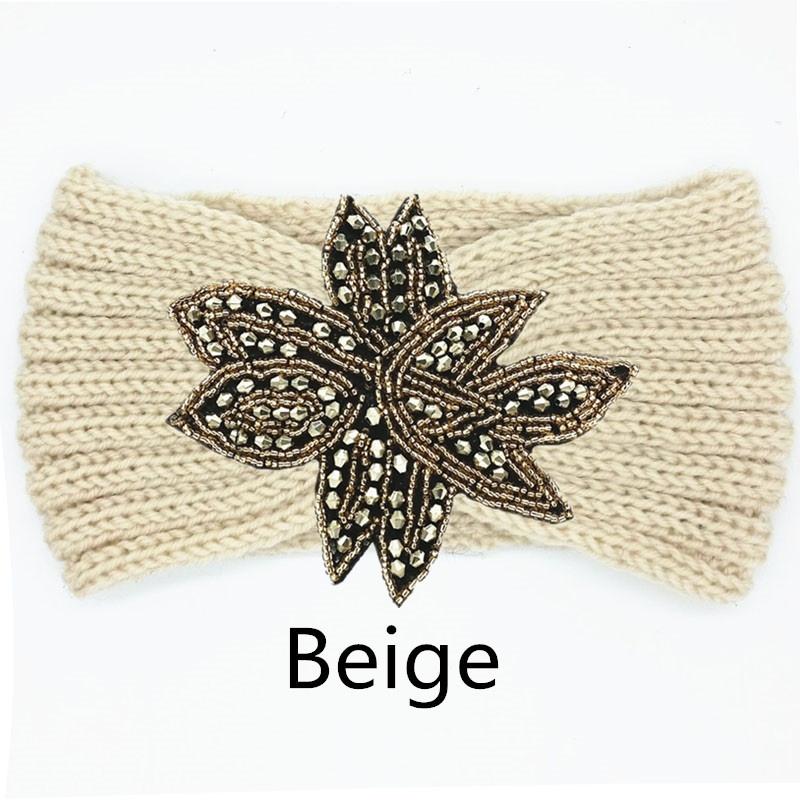 Crystal Beaded Flower Knit Headband For Women Winter Wool Ear Warmer Hairband Turban Headwrap Hair Accessories Bandeau
