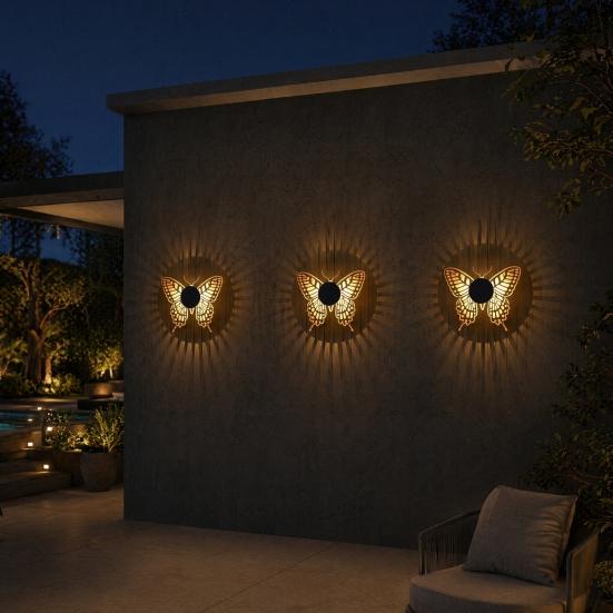 Solar Wall Light, Metal Butterfly Solar Light, Butterfly Pattern Projection Lamp, Outdoor Waterproof Fence Light for Yard Patio Garden Backyard Post