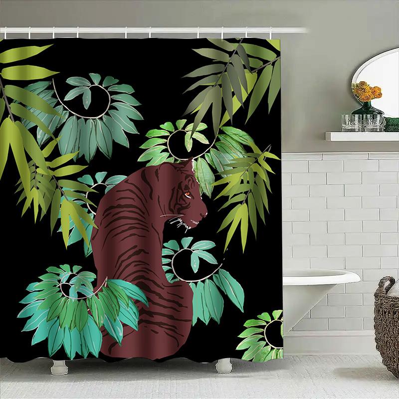 Modern Bathroom Decor Shower Curtain with Jungle Tiger Print Green Leaves Pattern for Home Decoration In Bathrooms