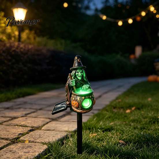 Whimsical Witch Hat Figurine Solar Cauldron Garden Stake Light, Resin Halloween Glowing Pathway Unique Pumpkin Pattern Decor Lamp, Waterproof Outdoor