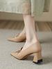 Nude loafers women's 2025 autumn new pointed high heels thick heel leather shoes niche design French single shoes