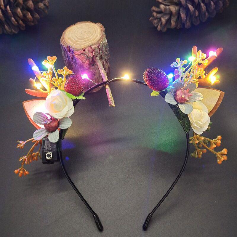 Luminous Reindeer Berry Antler Headband with Cat Ears - Christmas Accessory