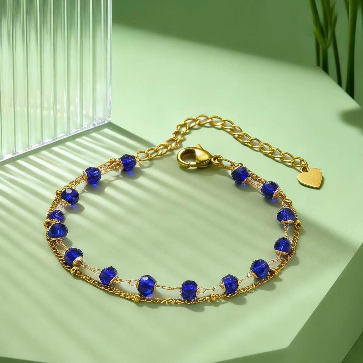 

Blue Crystal Bead Chain Bracelet for Women Stainless Steel Double-Layer Beads Chain Bracelets Chic Jewelry Gift