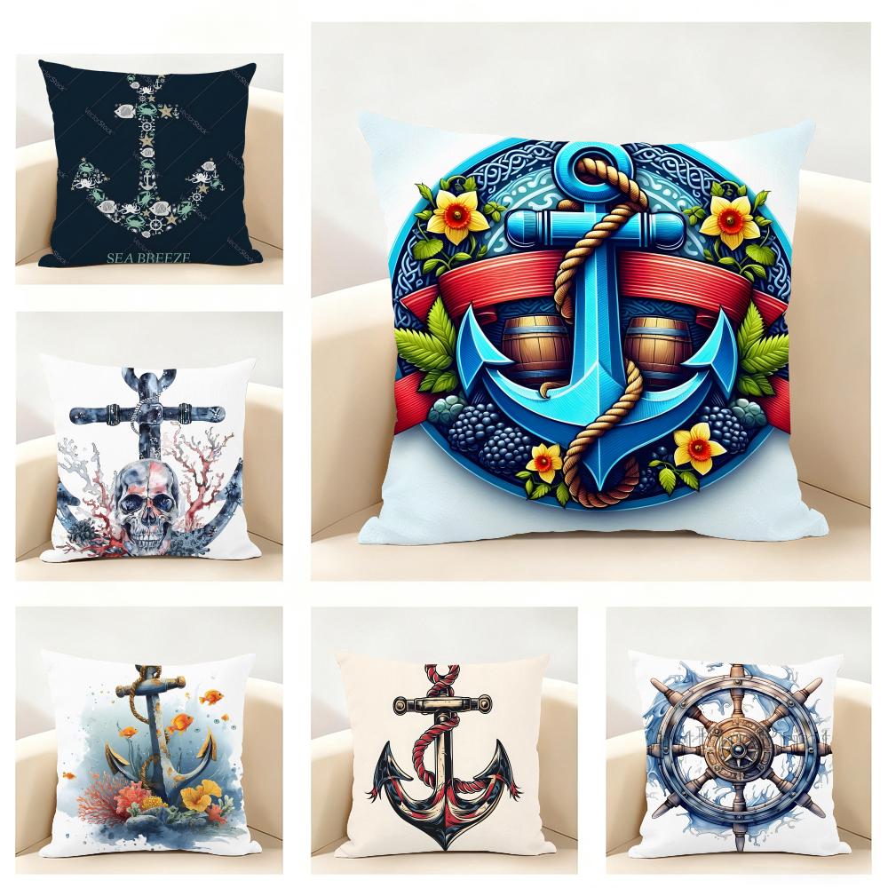 MMarine Theme Rudder Anchor Animals Cushion Cover Linen Pillowcase Soft for Sofa Bed Home Room Decor