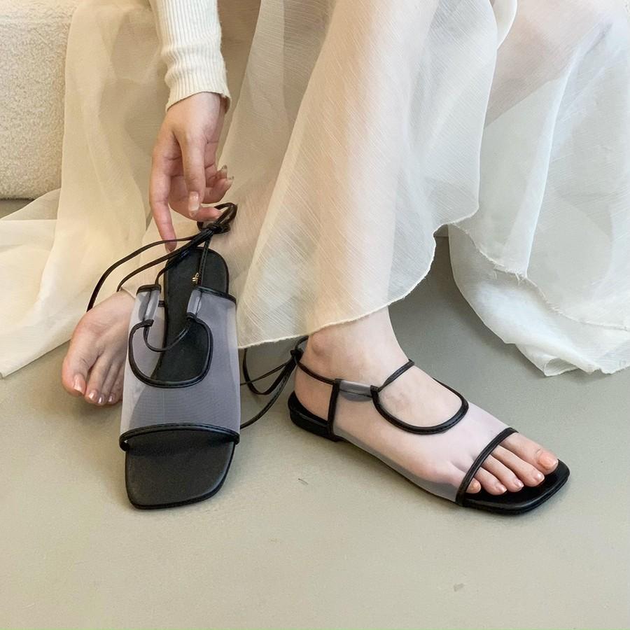 Fashion Summer New Square Toe Open Toe Lace-Up Slippers Fashion Shallow Mouth Roman Breathable Mesh Flat Sandals Women