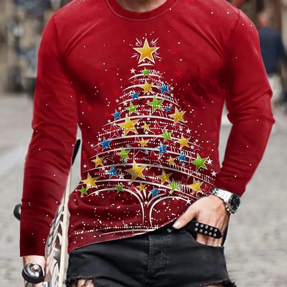 Santa Claus Pattern Men's Long Sleeved T-shirt 3D Printed Spring and Autumn Casual Long Sleeved Loose Breathable Top