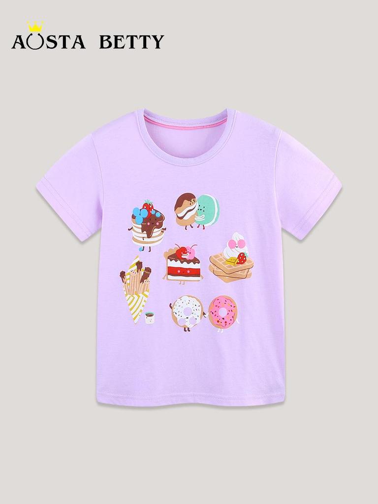 European & American Style Girls' Short-Sleeve Cotton T-shirt: Summer Print Round Neck Top