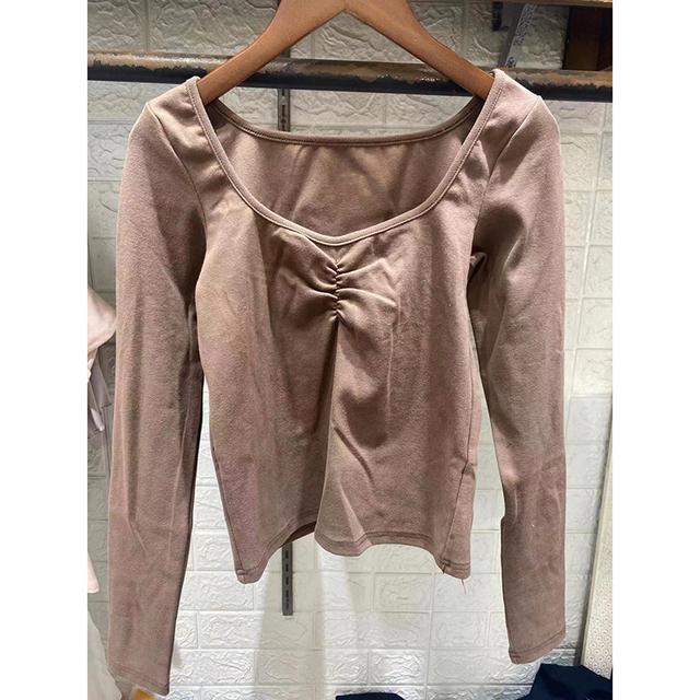 

Вінтажні білі тонкі футболки з довгим рукавом Жіночі сексуальні короткі футболки з квадратним коміром і складками Жіночі осінні солодкі шикарні бавовняні топи 2022 M коричневий