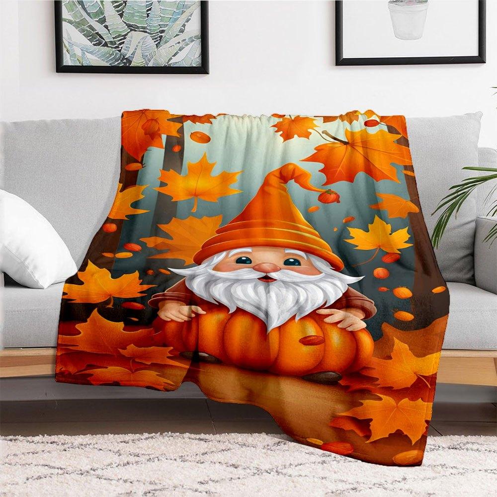 Autumn Gnome with Pumpkin Hat Fall Leaves WallpaperBlanket Flannel Throw Blanket for Sofa, Bed, Travel, Camping, Office