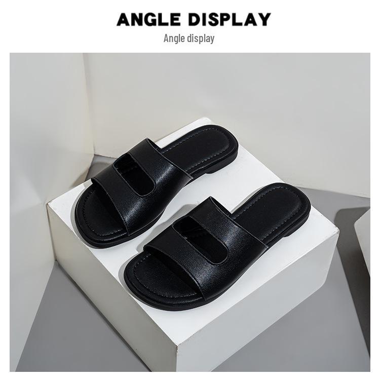 Plus Size Black Leather Flat Women's Sandals - Soft, Comfortable, Single Strap, Fashionable Hollow Outdoor Flip Flops