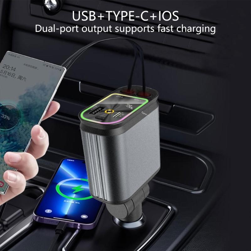 4 in 1 Car Charging Adapter Retractable Phone Fast Car Chargers with Type-C Cord USB & USB C Port Ambient Light