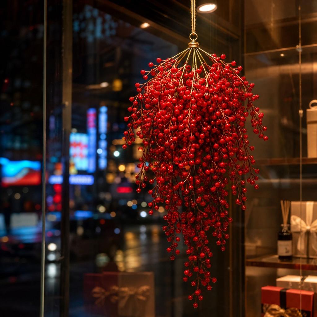 Artificial Red Teardrop Hanging Ornaments for Christmas and New Year, Door Wall Window Holiday Decoration