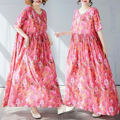 Summer New Simple Bohemian Long Dress Fattened and Enlarged Short-sleeved Crew Neck Printed Dress Women's Clothing