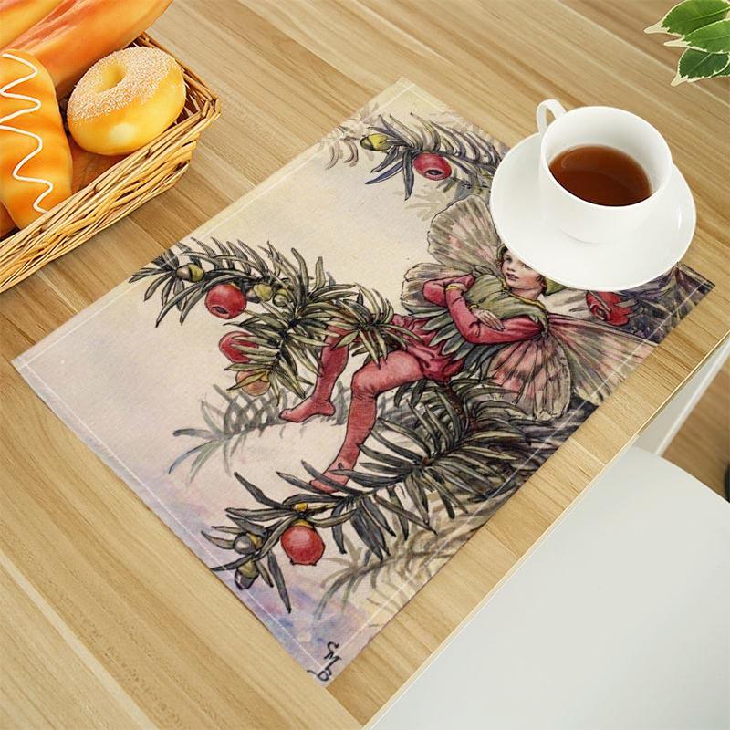 The Fairies Of The Winter Print Linen Dining Table Mats Alphabet Kitchen Placemat 30X45cm Coasters Pads Bowl Cup Mat
