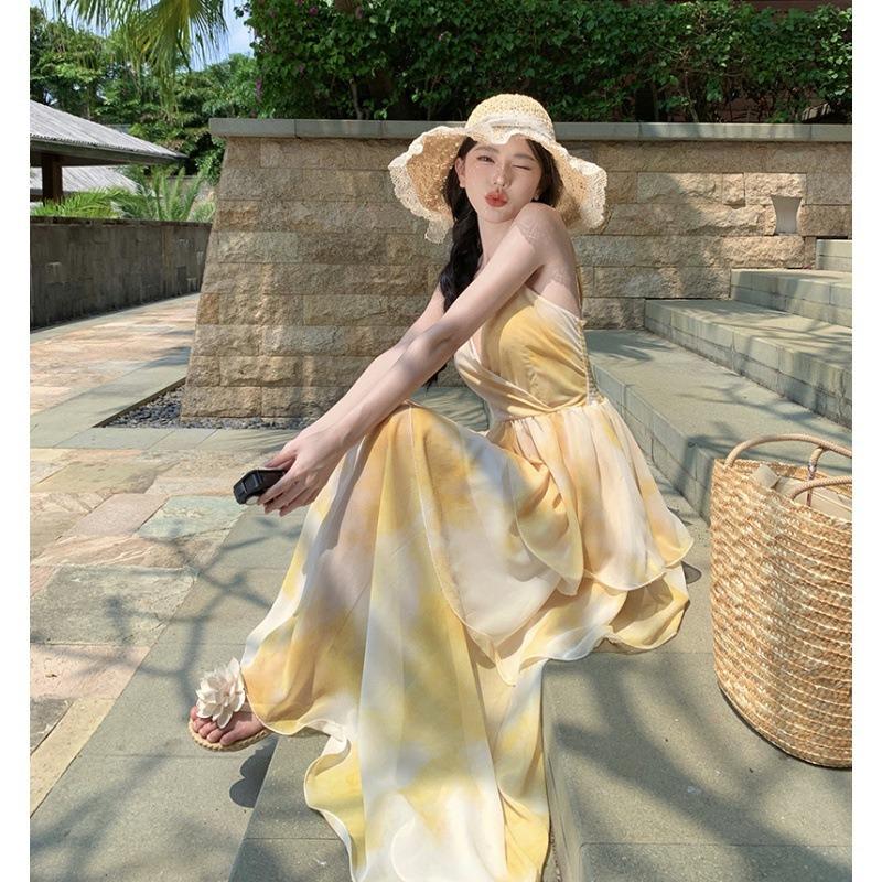 Slim-fit Suspender Dress Female Summer Seaside Vacation Beach Dress Sunset Fairy Cake Skirt Feeling