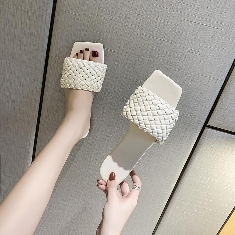 Women's Summer Clip On Flat Bottomed Slippers Casual Square Head Knitted Strap Beach Sandals Shoes 35-42