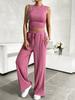 Summer Casual Set Sleeveless Round Neck Short Slim Top Wide Leg Pants Two Pieces