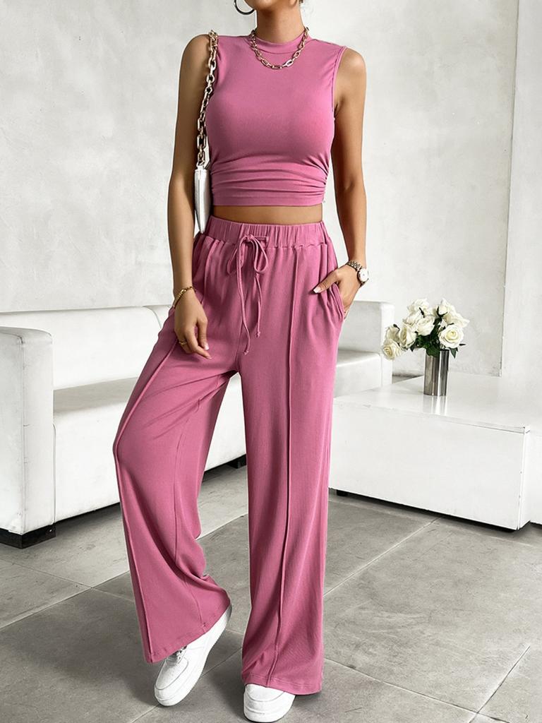 Summer Casual Set Sleeveless Round Neck Short Slim Top Wide Leg Pants Two Pieces