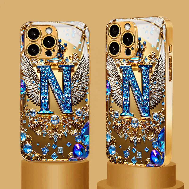 Niebieskie Diamentowe Skrzydła Litera N Etui ze Szkła Hartowanego na Telefon Dla iPhone 18 17 16 Pro Max 15 14 Plus 13 12 11 Pro Max 16E 17 Air Cover