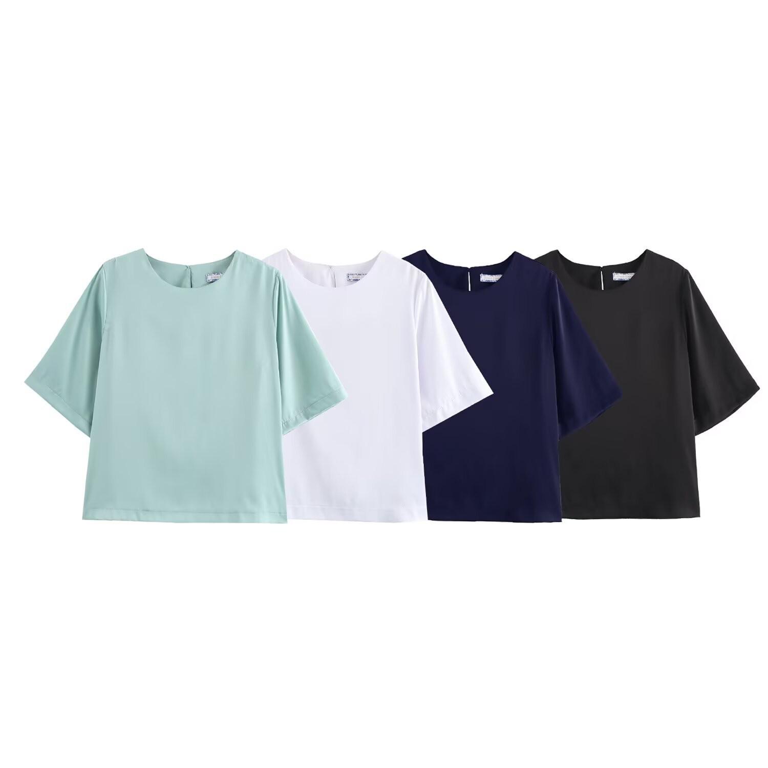 

2025 Silk Satin Short-Sleeve High-End Round Neck Top - European & American Style Large