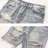 Men Summer Distressed Denim Shorts Button Zipper Fly Multi Pockets Short Jeans Straight Fit Ripped Holes Knee Length Distressed Denim Shorts