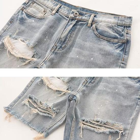 Men Summer Distressed Denim Shorts Button Zipper Fly Multi Pockets Short Jeans Straight Fit Ripped Holes Knee Length Distressed Denim Shorts