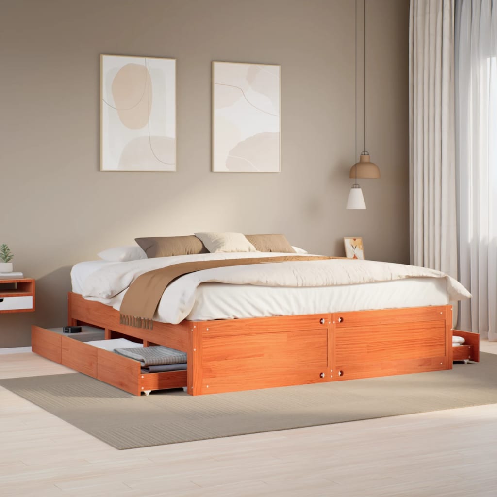 Solid Wood Bed without Mattress with Drawers Brown 180 x 200 cm