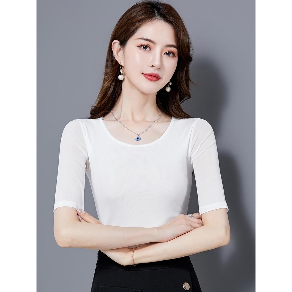 Round Neck Short Sleeve Tshirt Thin Mesh Bottoming Shirt Women's Elegant New Solid Color Half Sleeve Mesh Tops Mujer Camisetas