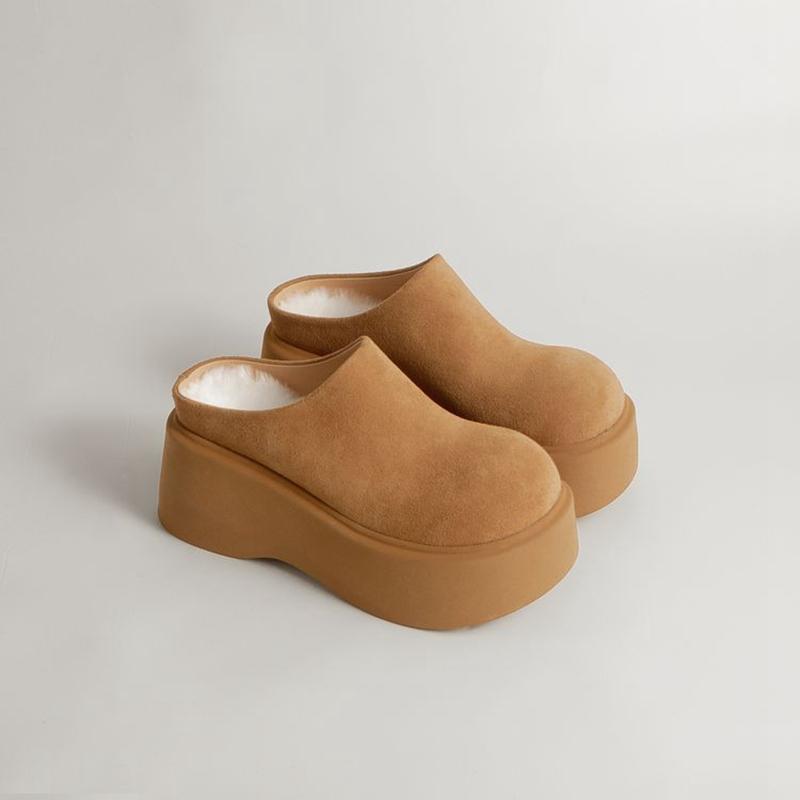 Fashion Women's New Leather Cow Suede Thick Soled Waterproof Platform High Heels, Warm Wool Boken Shoes, Shallow Mouth Mueller Shoes