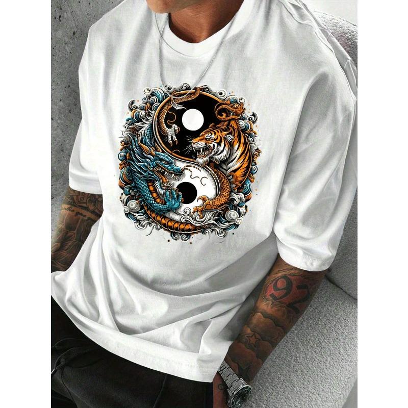 

Европейские размеры Мужская футболка с графическим принтом Инь-Ян, Дракон и Тигр - Светло-серая Повседневная футболка S белый